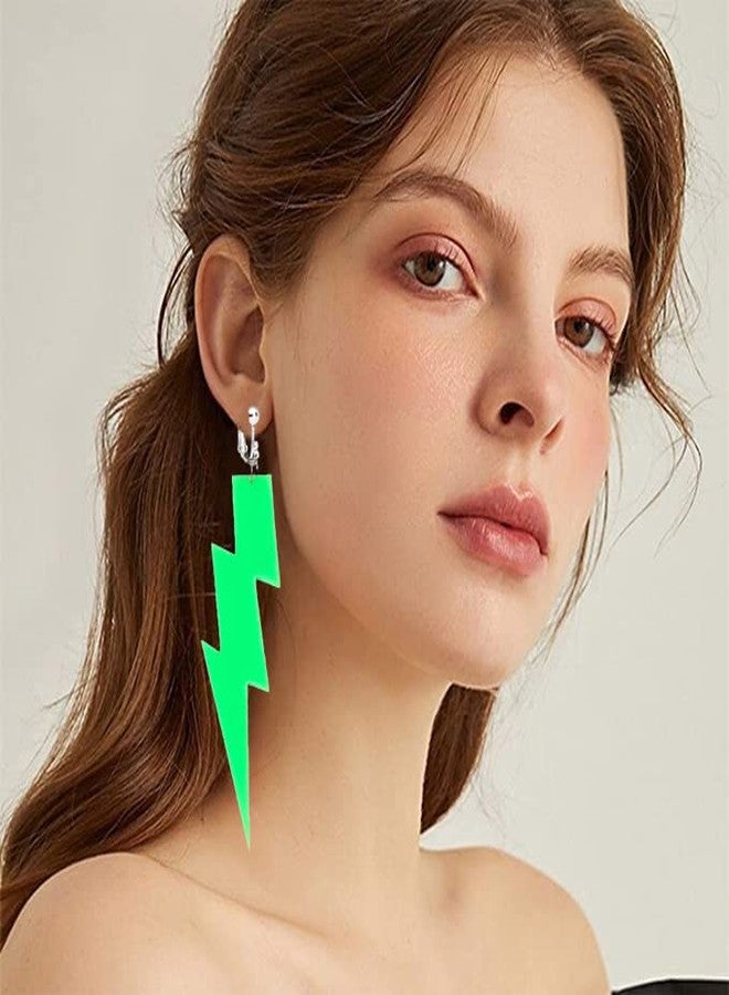 Modpide 3 Pairs 80S Neon Earrings Earrings Exaggerate Punk Lightning Bolt Clip on Earrings Halloween 1980s Party Non Pierced Clip Earrings for Women (rose red+green+yellow) - Image 4